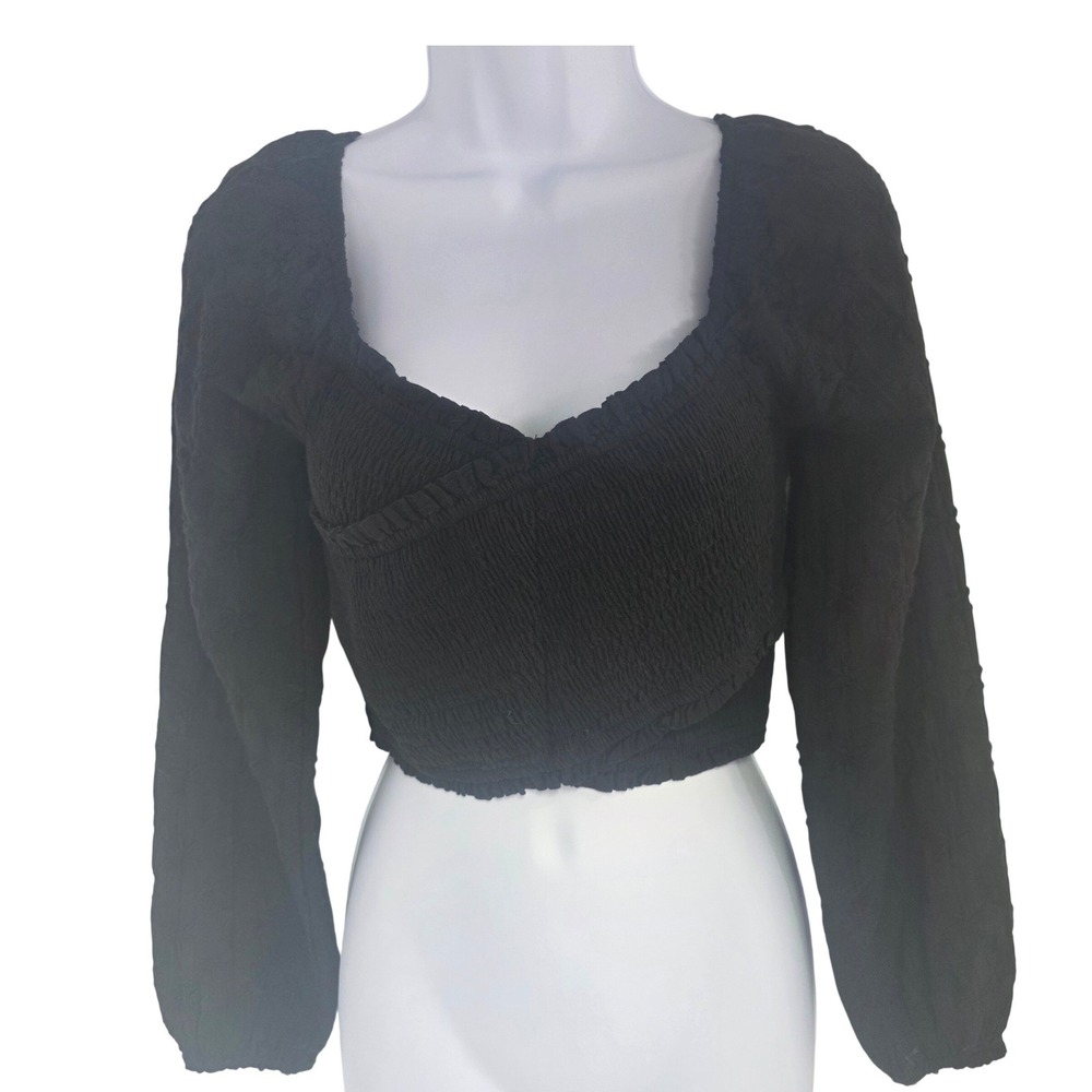 American Eagle Black Smocked Eyelet Long Sleeve Crop top Womens S fairy strechy